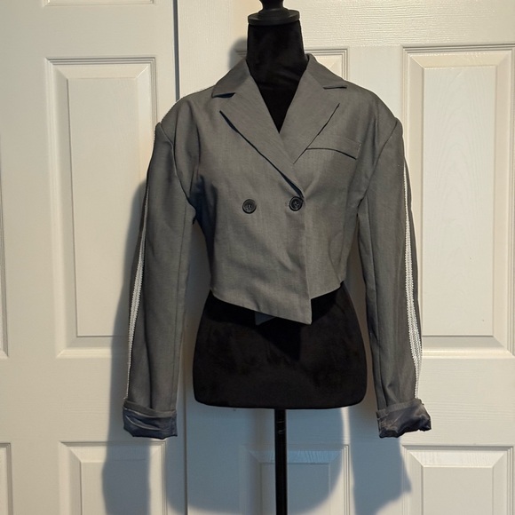 Gray Cropped Blazer with Lapels and White Lace stripe Down Arms - Picture 1 of 8